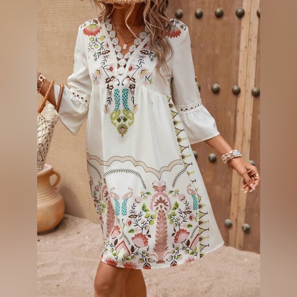 Boho Print Lace Hem Midi dress all sizes - Picture 3 of 6